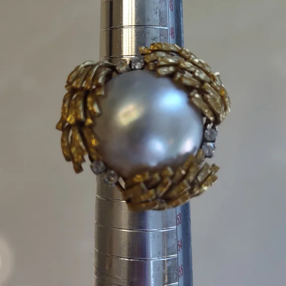 Mabe pearl 18kt Yellow Gold Ring, diamonds, estate Ring vintage - Picture 13 of 16